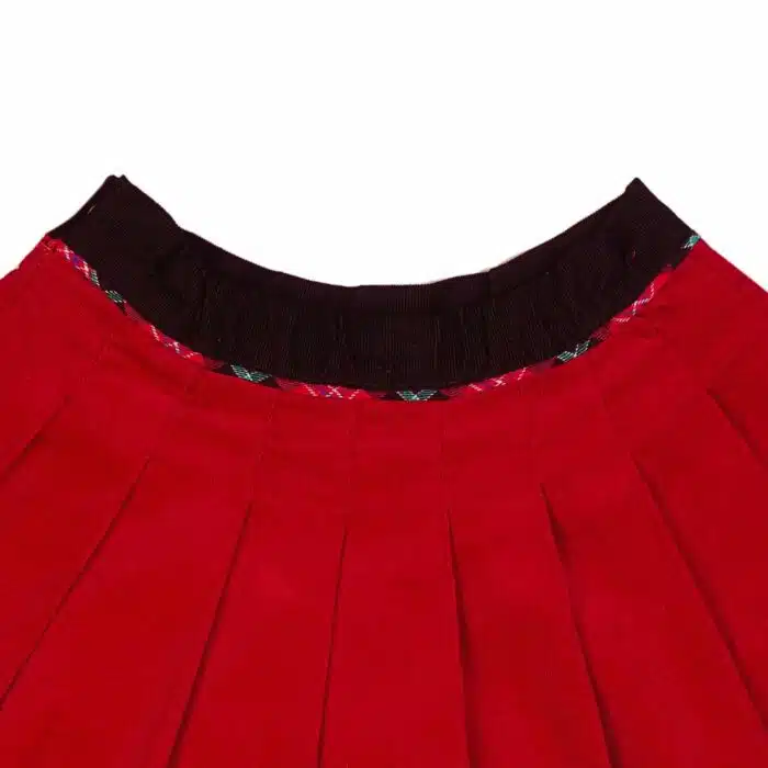 Jolie jupe en velours rouge avec ceinture en velours noir et biais tartan rouge pour filles et fillettes de 2 à 16 ans