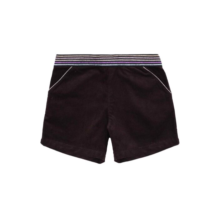 Short hiver fille en velours marron et ceinture intégrée à paillettes multicolore rose, or, bleu et violet. Taille ajustable avec élastique dans le dos, poches surlignées d'un biais rose à paillettes, ouverture sur le côté avec fermeture éclair et bouton pression. LA FAUTE A VOLTAIRE, marque de vêtement enfant en commerce équitable