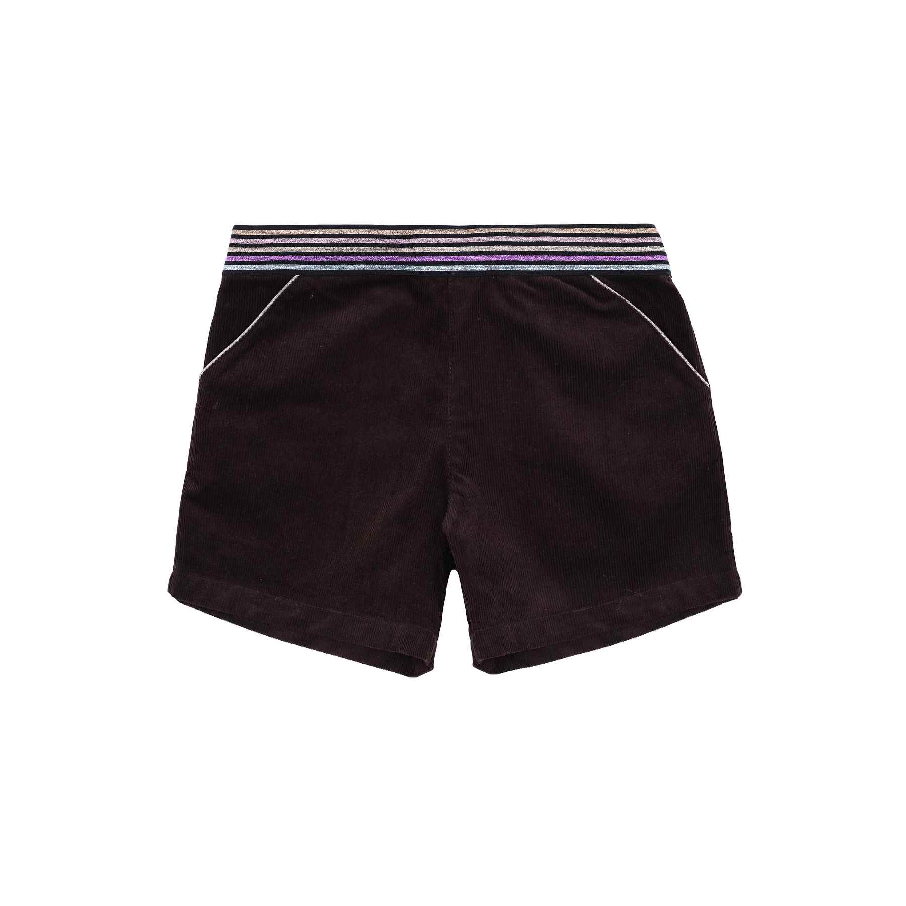 Short hiver fille en velours marron et ceinture intégrée à paillettes multicolore rose, or, bleu et violet. Taille ajustable avec élastique dans le dos, poches surlignées d'un biais rose à paillettes, ouverture sur le côté avec fermeture éclair et bouton pression. LA FAUTE A VOLTAIRE, marque de vêtement enfant en commerce équitable