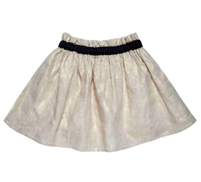 Beige linen formal skirt for little girl, elastic waistband with black contrasted satin, from the children fashion brand LA FAUTE A VOLTAIRE
