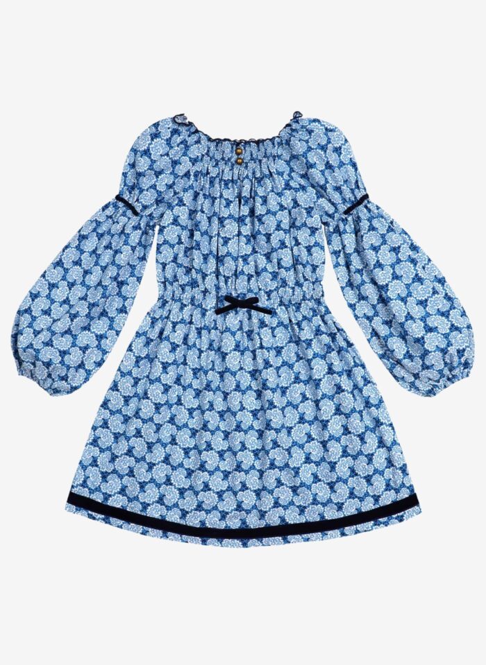 Magnifique Robe Fleurie Hiver Bleu Roi et Bleu Marine, à Manches Longues et Col Smocks de la Marque de Mode Vêtement Chic pour Enfant La Faute à Voltaire.
