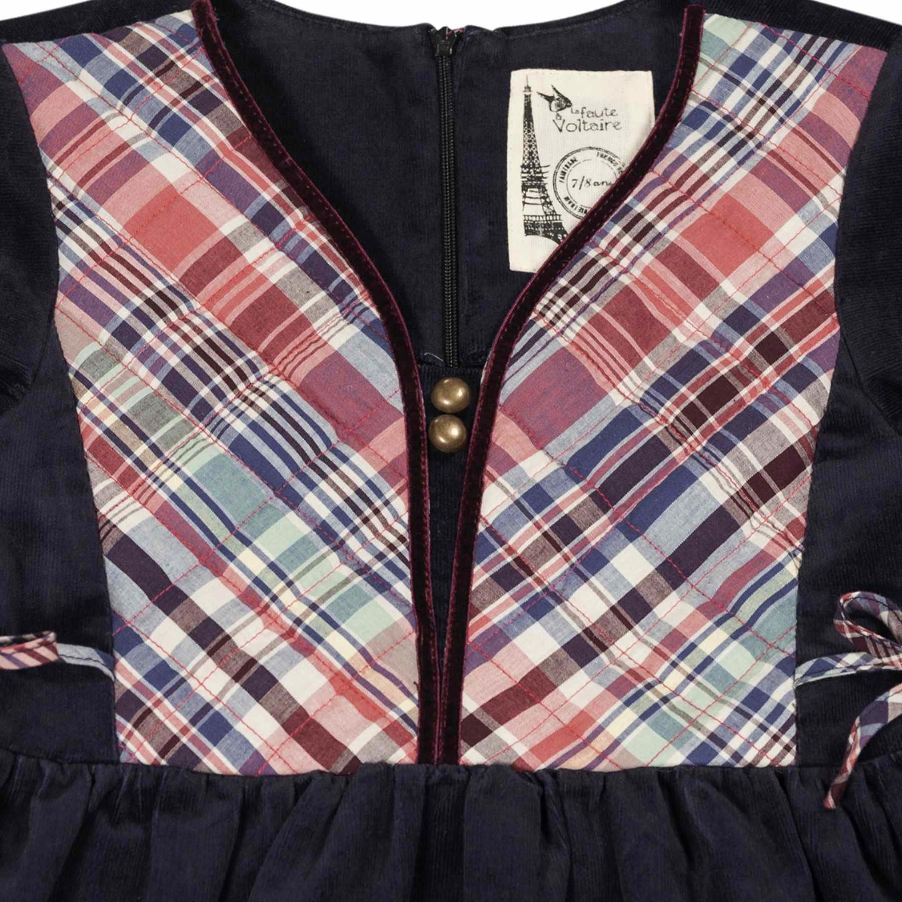 Pretty medieval-inspired dress in navy blue cotton velvet with old pink, green and blue checkered cotton bib, long balloon sleeves for girls and young women from the children's fashion brand La Faute à Voltaire