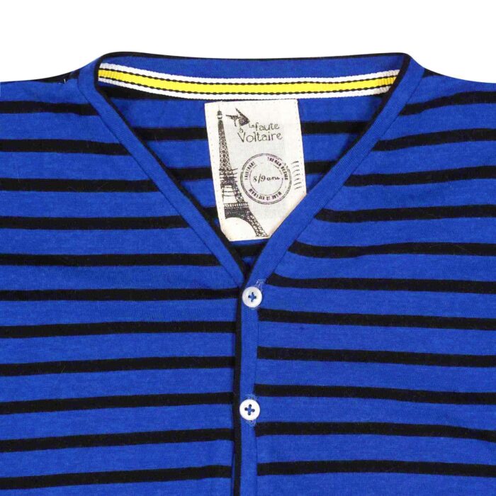 royal blue and navy blue striped cotton jersey tee-shirt with long sleeves, V-neck and small white buttons. Creation of the fair trade fashion brand for children LA FAUTE A VOLTAIRE