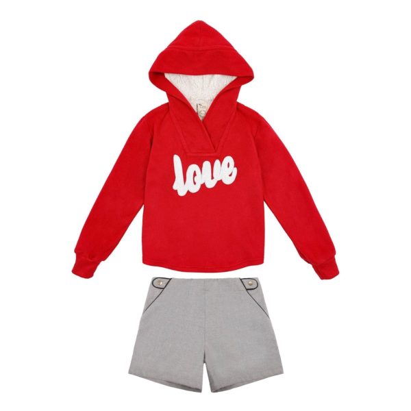 Red fleece sweatshirt set with love white sequin crest and mouse gray wool shorts for little girls and teens from 2 to 14 years old.