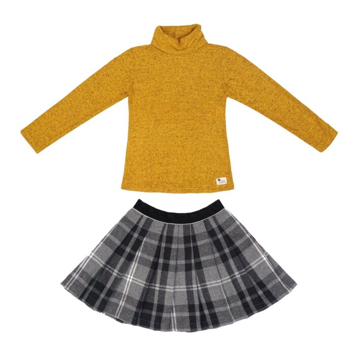 Set cadeau pour filles de 2 à 14 ans avec jupe écossaise à carreaux tartans gris et sous-pull col roulé en coton chiné jaune moutarde. De la marque créateur française en commerce équitable LA FAUTE A VOLTAIRE