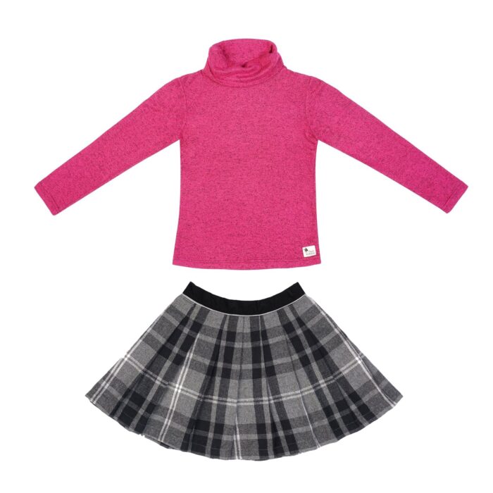 Set cadeau pour filles de 2 à 14 ans avec jupe écossaise à carreaux tartans gris et sous-pull col roulé en coton chiné fuchsia. De la marque créateur française en commerce équitable LA FAUTE A VOLTAIRE