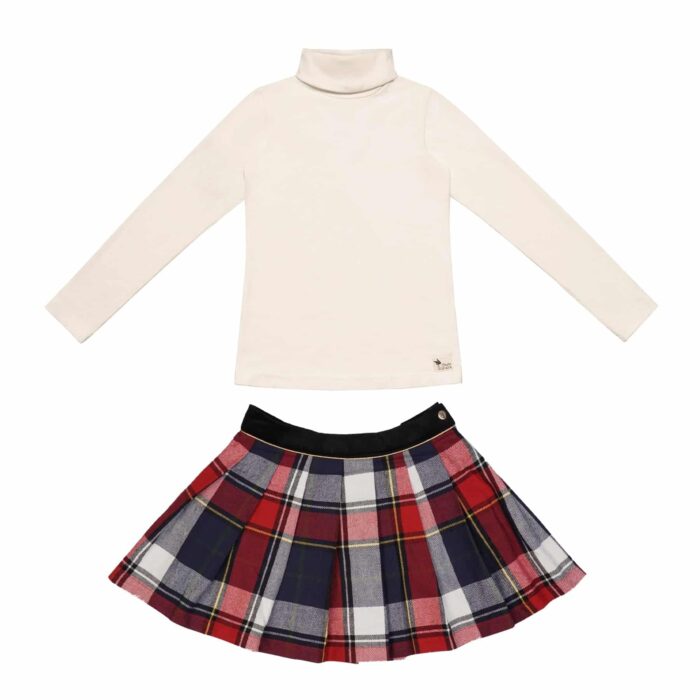 Set cadeau pour filles de 2 à 14 ans avec jupe écossaise à carreaux tartans rouges et bleus avec sous-pull col roulé en coton jersey beige. De la marque créateur française en commerce équitable LA FAUTE A VOLTAIRE