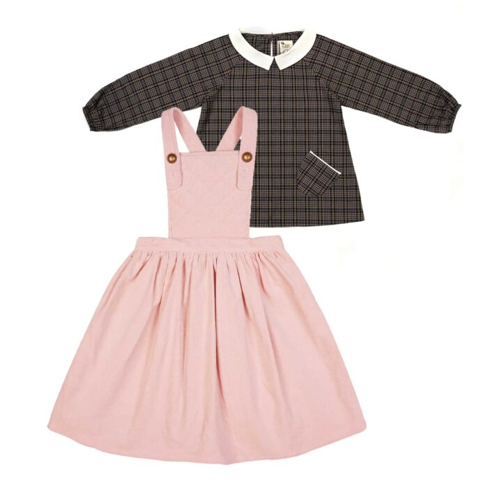 Set cadeau pour filles de 2 à 14 ans avec robe salopette en velours rose et blouse col Claudine en tartan gris
