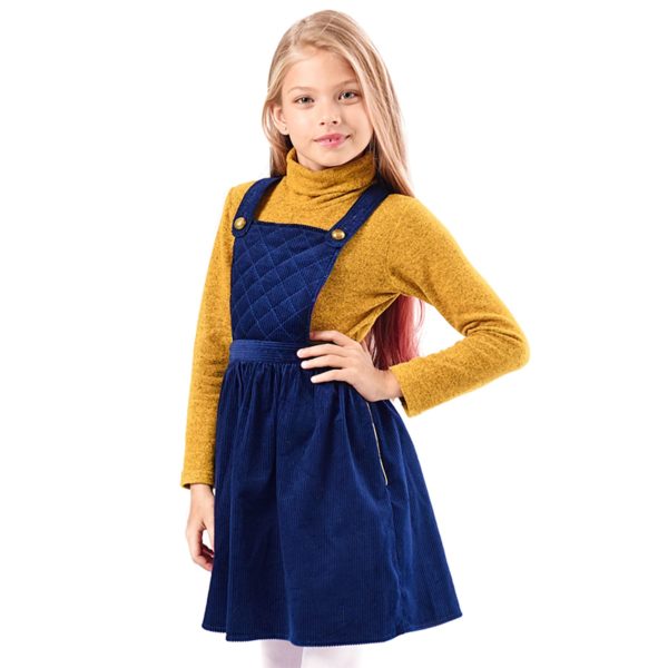 Gift set for girls from 2 to 14 years old with quilted overalls dress in navy blue velvet and under turtleneck sweater in mustard yellow chiné cotton. From the French designer brand in fair trade LA FAUTE A VOLTAIRE