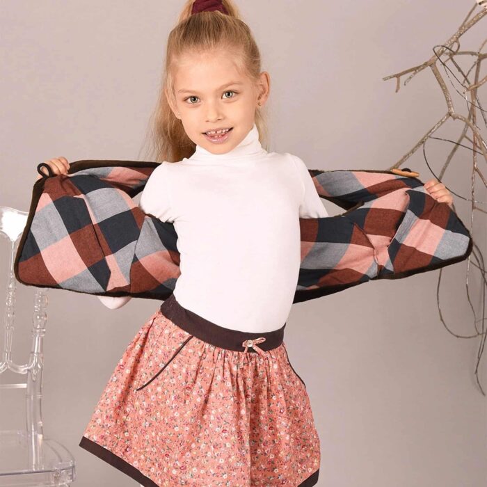 Brown imitation fur sleeveless shepherd's vest with cotton plaid lining and wooden button for girls 2 to 12 years old