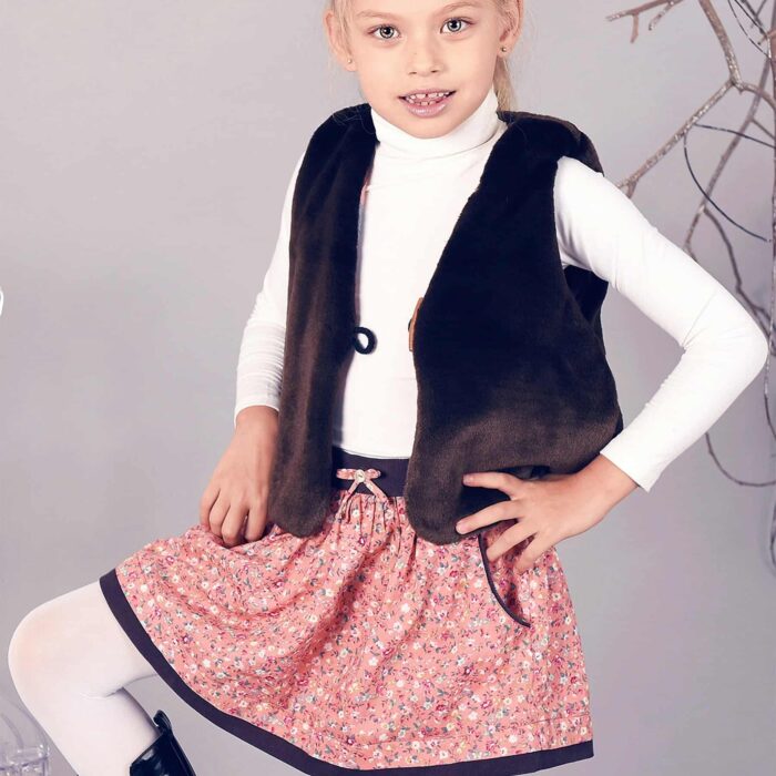 Jupe en coton liberty rose abricot avec ceinture en velours marron et poches, pour filles de 2 à 16 ans de la marque mode pour enfant LA FAUTE A VOLTAIRE