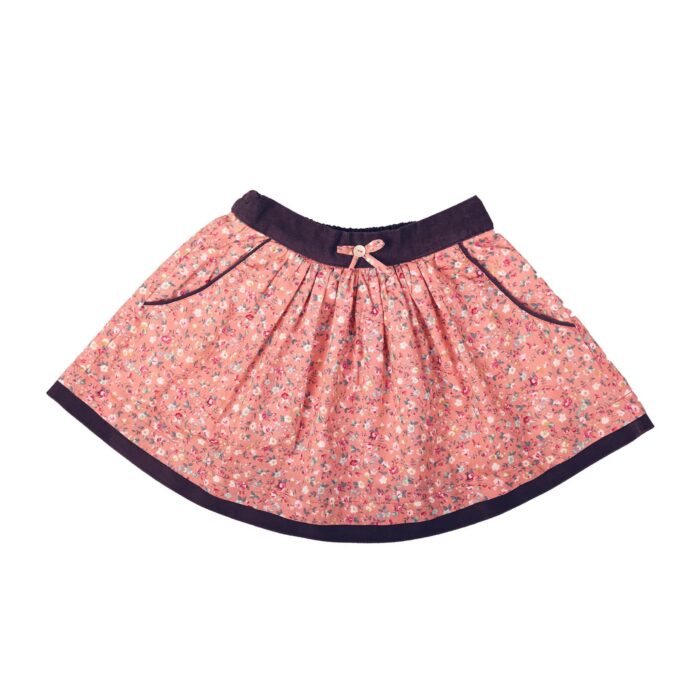 Apricot pink liberty cotton skirt with brown velvet belt and pockets, for girls from 2 to 16 years old from the fashion brand for children LA FAUTE A VOLTAIRE