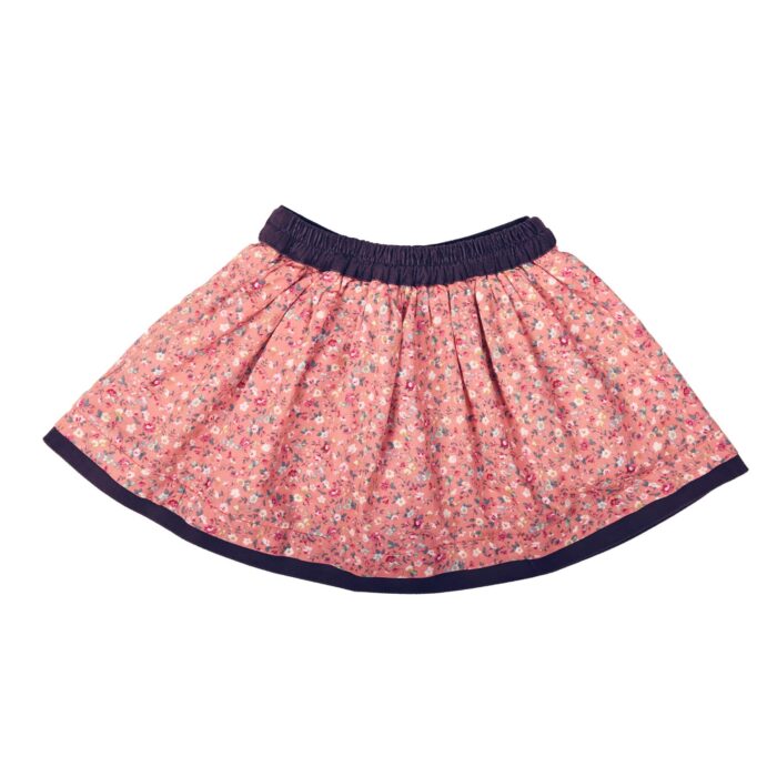 Apricot pink liberty cotton skirt with brown velvet belt and pockets, for girls from 2 to 16 years old from the fashion brand for children LA FAUTE A VOLTAIRE