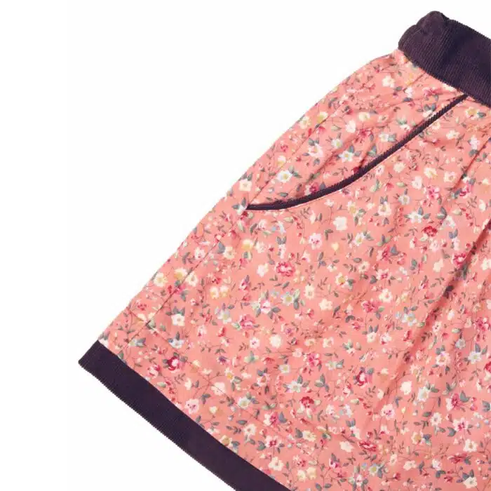 Jupe en coton liberty rose abricot avec ceinture en velours marron et poches, pour filles de 2 à 16 ans de la marque mode pour enfant LA FAUTE A VOLTAIRE
