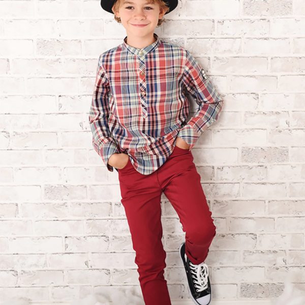 Slim fit burgundy pants for boys from the fair trade children's fashion brand LA FAUTE A VOLTAIRE.