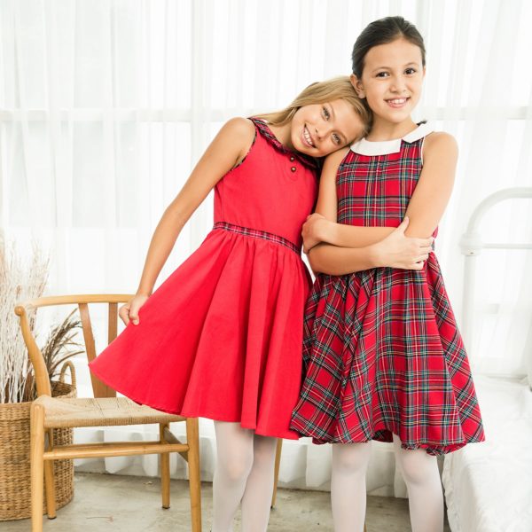 Christmas dress for girl in red velvet and red tartan, Claudine collar from the fashion brand for children LA FAUTE A VOLTAIRE