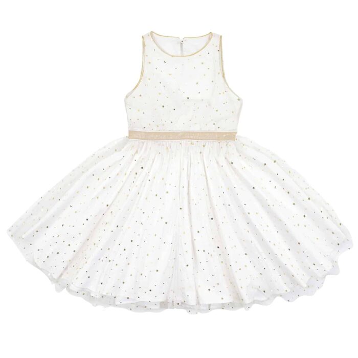 evening dress and new year's eve turning in white tulle and golden star sequins, integrated belt in golden linen, zipper in the back to the waist and round button bronze color in the back, cotton lining. Children's fashion brand in fair trade LA FAUTE A VOLTAIRE