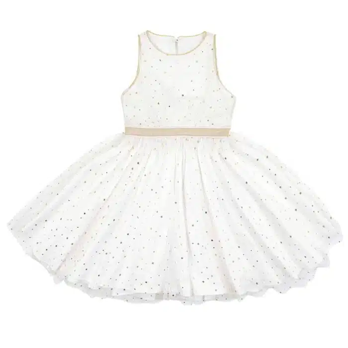 robe de soirée et nouvel an qui tourne en tulle blanche et paillettes étoiles dorées, ceinture intégrée en lin dorée, fermeture éclair dans le dos jusqu'à la taille et bouton rond couleur bronze dans le dos, doublure coton. Marque mode enfant en commerce équitable LA FAUTE A VOLTAIRE
