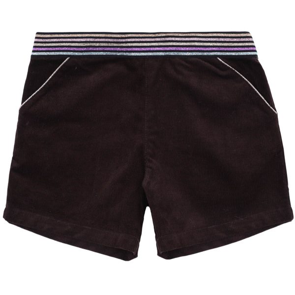 Short hiver fille en velours marron et ceinture intégrée à paillettes multicolore rose, or, bleu et violet. Taille ajustable avec élastique dans le dos, poches surlignées d'un biais rose à paillettes, ouverture sur le côté avec fermeture éclair et bouton pression. LA FAUTE A VOLTAIRE, marque de vêtement enfant en commerce équitable
