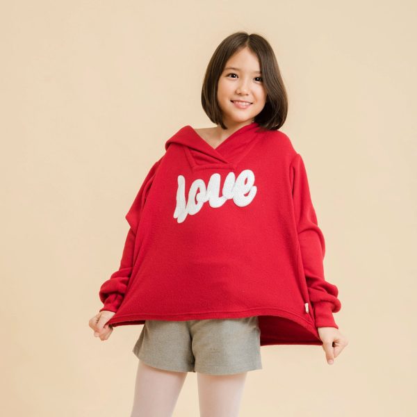 Red fleece sweatshirt set with love white sequin crest and mouse gray wool shorts for little girls and teens from 2 to 14 years old.