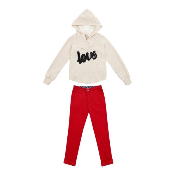Warm winter set girl sweatshirt beige LOVE a sequins black hood lining fur and pants slim girl corduroy red from the French designer brand LA FAUTE A VOLTAIRE