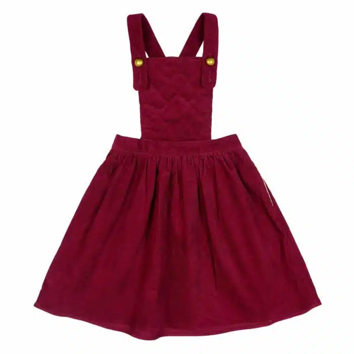 Robe salopette en velours bordeaux avec bretelles croisées dans le dos pour fille de la marque créateur française en commerce équitable LA FAUTE A VOLTAIRE
