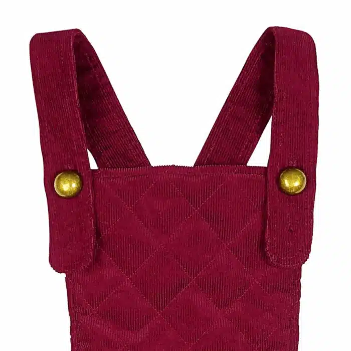 Robe salopette en velours bordeaux avec bretelles croisées dans le dos pour fille de la marque créateur française en commerce équitable LA FAUTE A VOLTAIRE
