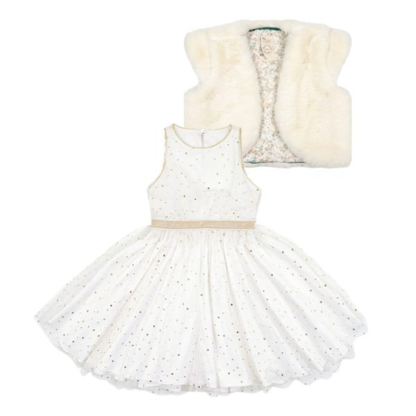 Evening outfit for girls from 2 to 14 years old with dress that turns in white tulle and golden sequins and bolero jacket in beige faux fur. Brand designer of fashion for children in fair trade LA FAUTE A VOLTAIRE