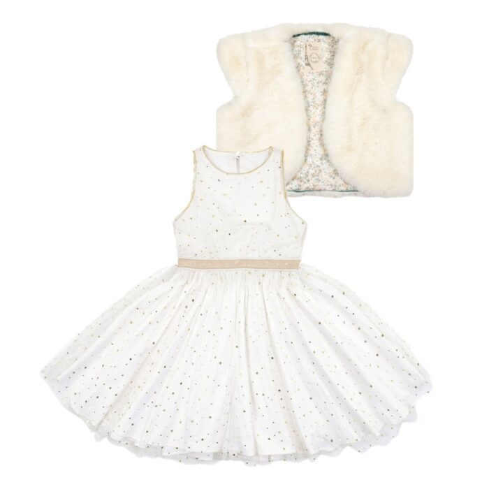 Evening wear for girls from 2 to 14 years old with white tulle and gold sequins dress and beige faux fur bolero jacket. Fair trade fashion designer brand for children LA FAUTE A VOLTAIRE