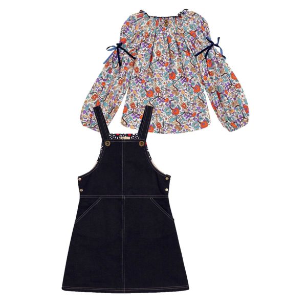 Set overall dress in dark blue denim jeans for little girls and long sleeve blouse smocks collar orange liberty from the French designer brand LA FAUTE A VOLTAIRE