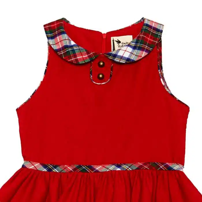 Magnifique Robe qui Tourne en Velours Rouge avec Col Claudine en Laine Carreaux Tartan. Robe Idéale pour les Fêtes de Noël de la Marque de Mode pour Enfant La Faute à Voltaire.