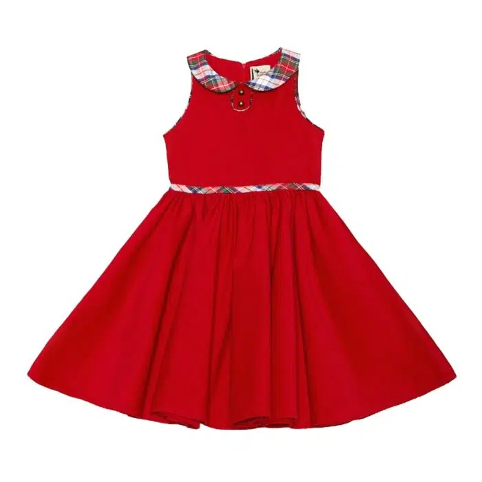 Magnifique Robe qui Tourne en Velours Rouge avec Col Claudine en Laine Carreaux Tartan. Robe Idéale pour les Fêtes de Noël de la Marque de Mode pour Enfant La Faute à Voltaire.