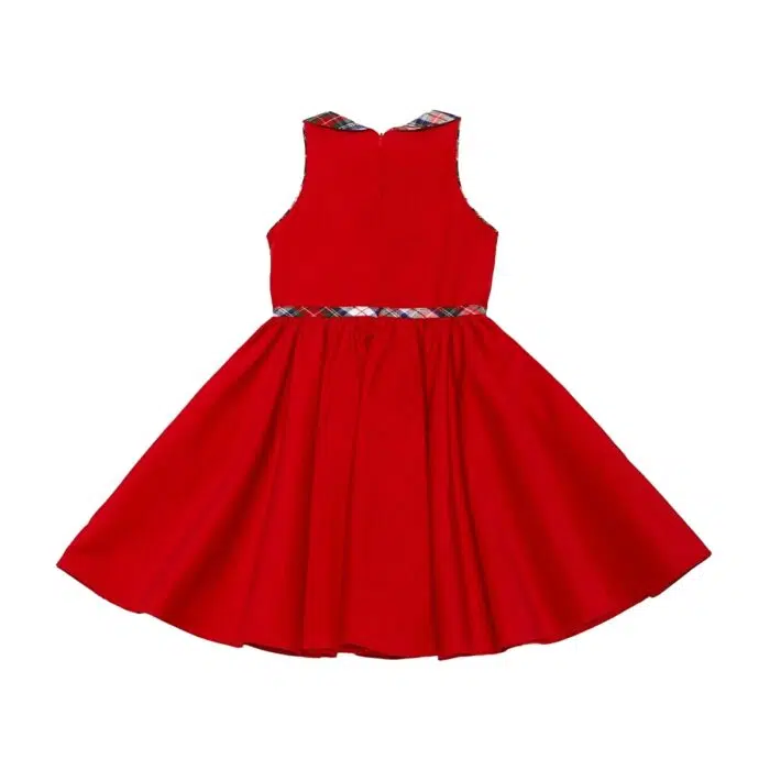 Magnifique Robe qui Tourne en Velours Rouge avec Col Claudine en Laine Carreaux Tartan. Robe Idéale pour les Fêtes de Noël de la Marque de Mode pour Enfant La Faute à Voltaire.