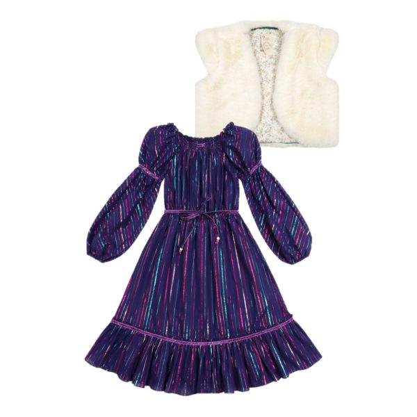 New Year's Eve outfit for girl made of a long dress with blue sleeves and sequined stripes and a bolero jacket in white fake fur from the French designer brand LA FAUTE A VOLTAIRE