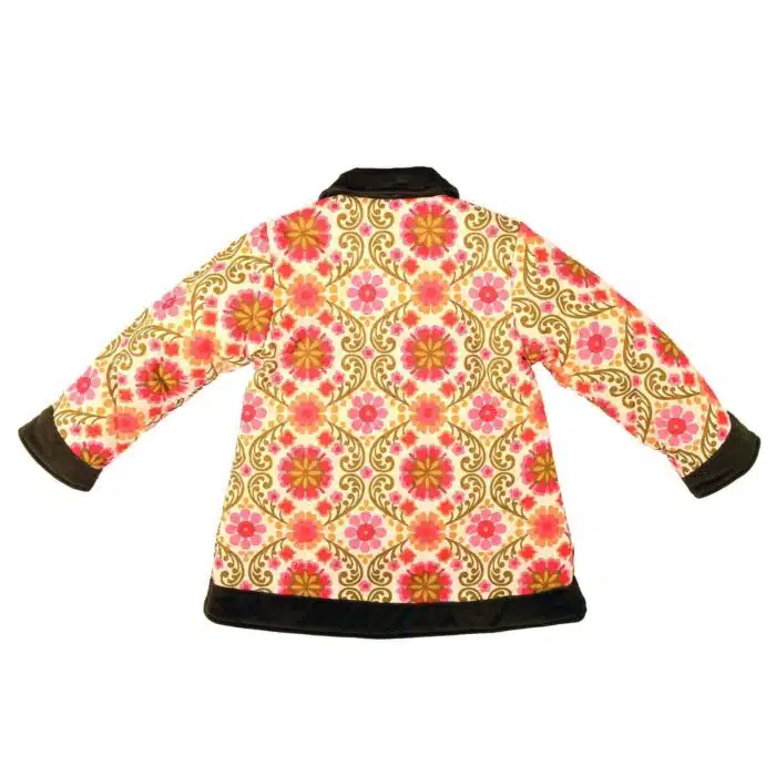Manteau kimono d'hiver pour petite fille fleuri orange et vert avec détails en velours côtelé marron de la marque créateur française LA FAUTE A VOLTAIRE