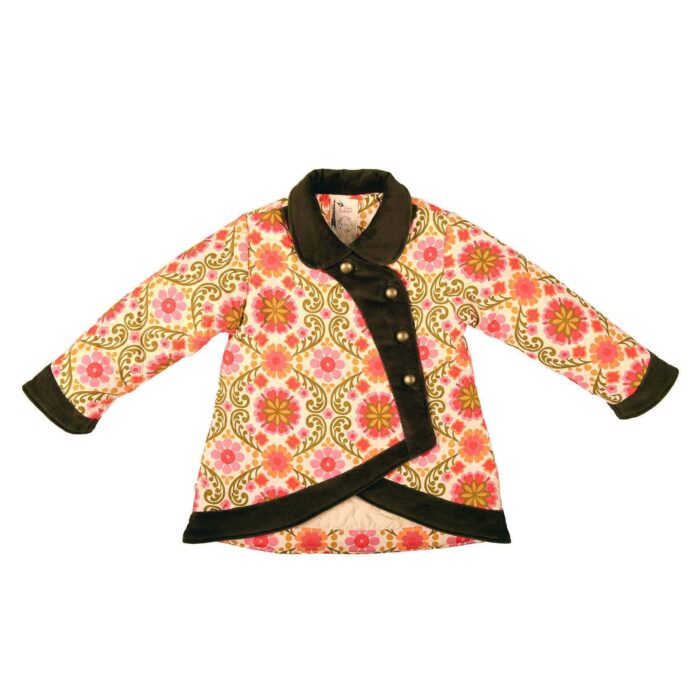 Manteau kimono d'hiver pour petite fille fleuri orange et vert avec détails en velours côtelé marron de la marque créateur française LA FAUTE A VOLTAIRE