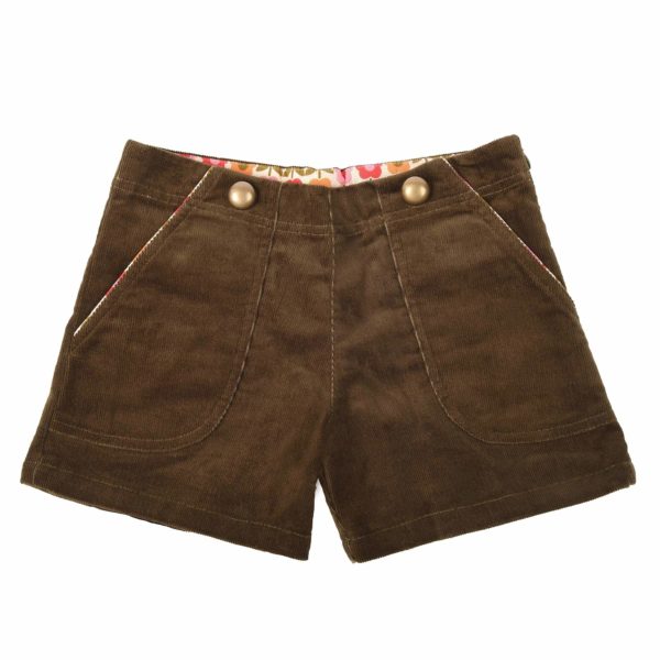 Winter shorts for little girl in khaki green corduroy and big round buttons from the children's fashion brand LA FAUTE A VOLTAIRE