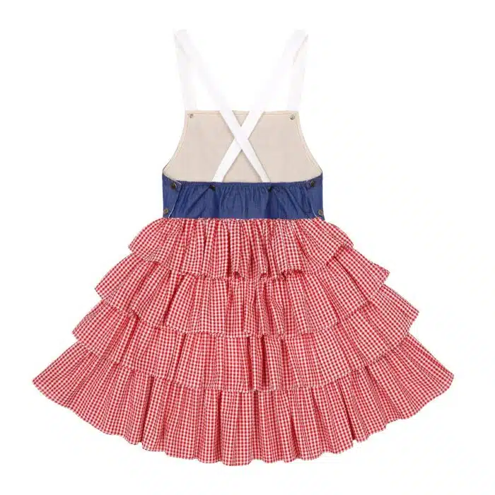 Robe salopette à carreaux vichy rouge et coton jean denim bleu pour fille et fillettes de la marque de mode pour enfants LA FAUTE A VOLTAIRE