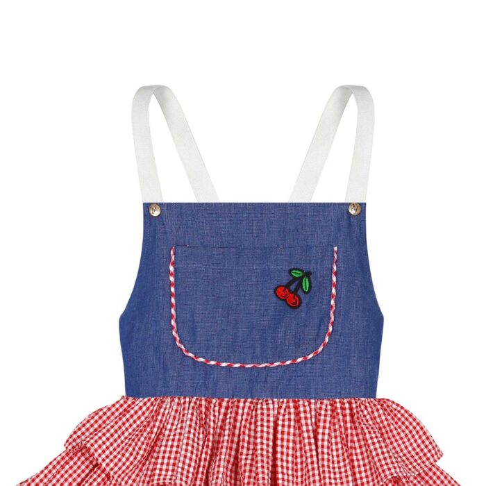 Red gingham and blue denim cotton dungarees dress for girls from the children's fashion brand LA FAUTE A VOLTAIRE