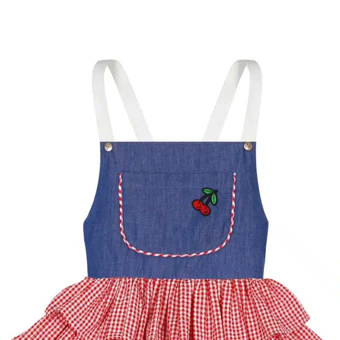 Robe salopette à carreaux vichy rouge et coton jean denim bleu pour fille et fillettes de la marque de mode pour enfants LA FAUTE A VOLTAIRE