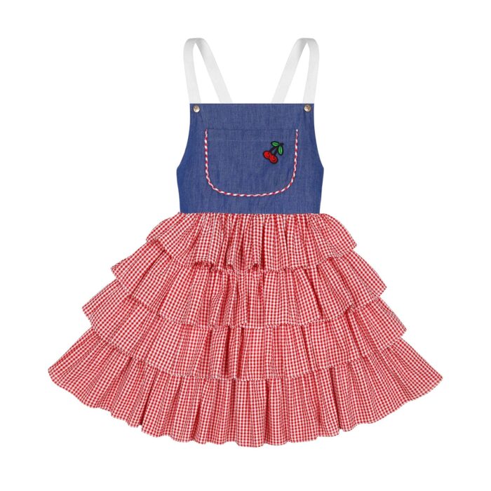 Red gingham and blue denim cotton dungarees dress for girls from the children's fashion brand LA FAUTE A VOLTAIRE