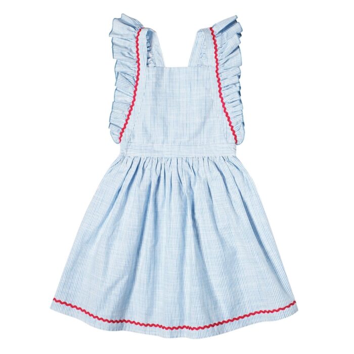 Bohemian formal dress. sky blue stripes for girls, halter top with ruffled straps, fuchsia pink lace details. Model LILI of the fashion brand for children LA FAUTE A VOLTAIRE.