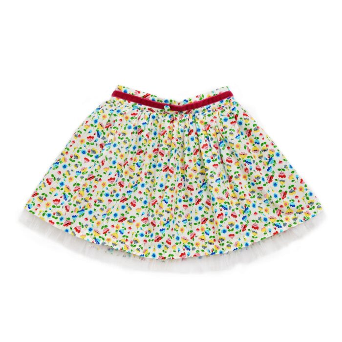 Jolie jupe été en coton fleuri liberty multicolore, avec de la tulle blanche pour filles. Jupe de la marque de mode pour enfants et ados LA FAUTE A VOLTAIRE.
