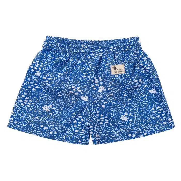 Cute swim shorts for boy in royal blue cotton printed fish, anchor, white shark. Elastic belt with decorative white cord. Mesh panties inside. Beach fashion clothes for children from 2 to 16 years old LA FAUTE A VOLTAIRE