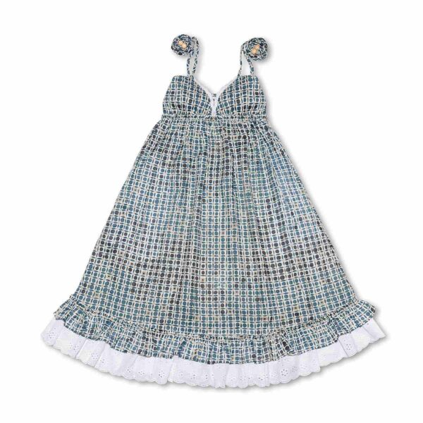 Pretty dress that turns in cotton printed blue and beige, with thin straps, white lace and ruffles. Dress of the fashion brand for children and teenagers LA FAUTE A VOLTAIRE.