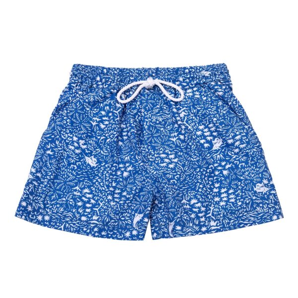 Cute swim shorts for boy in royal blue cotton printed fish, anchor, white shark. Elastic belt with decorative white cord. Mesh panties inside. Beach fashion clothes for children from 2 to 16 years old LA FAUTE A VOLTAIRE