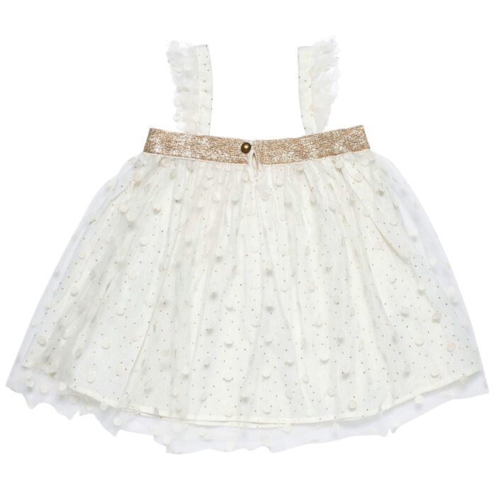 Cute ceremony set for girls and teens. Composed of an off-white tulle blouse with golden polka dots of bohemian inspiration, and a pretty skirt in beige iridescent golden linen with elastic waist. Ceremonial set from the fashion brand for children and teenagers LA FAUTE A VOLTAIRE.