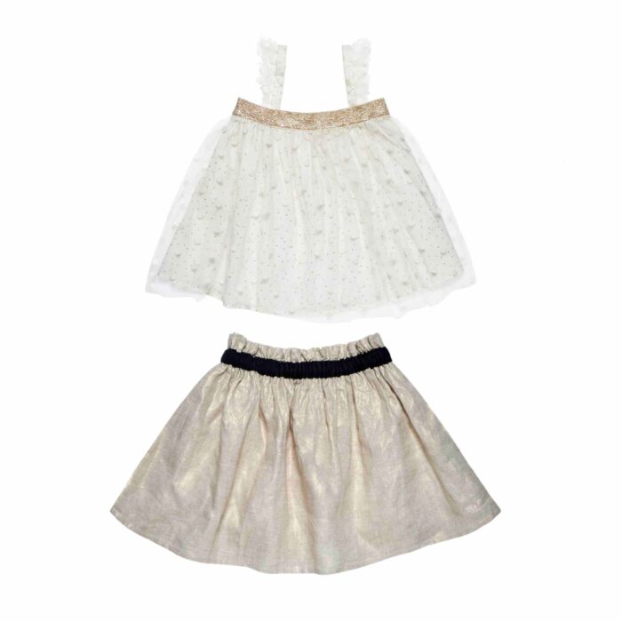 Cute ceremony set for girls and teens. Composed of an off-white tulle blouse with bohemian-inspired polka dots, and a pretty gold iridescent beige linen blend skirt with elastic waist. Ceremonial set from the fashion brand for children and teenagers LA FAUTE A VOLTAIRE.