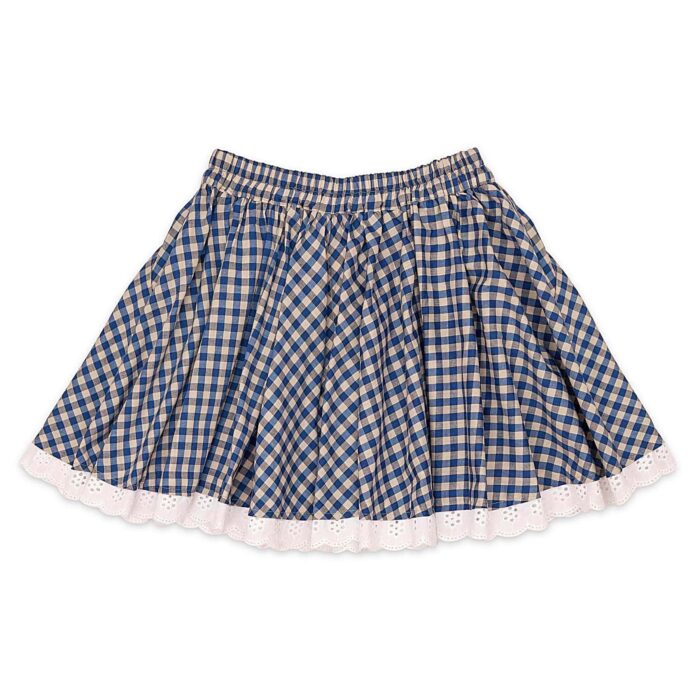 Pretty summer skirt in blue cotton, with checks and embroidery for girl. Skirt of the fashion brand for children and teenagers LA FAUTE A VOLTAIRE.