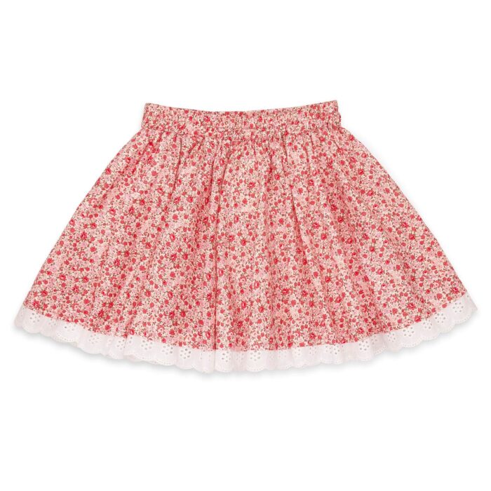 Jolie jupe été en coton rose fleuri, et broderie anglaise pour fille. Jupe de la marque de mode pour enfants et ados LA FAUTE A VOLTAIRE.